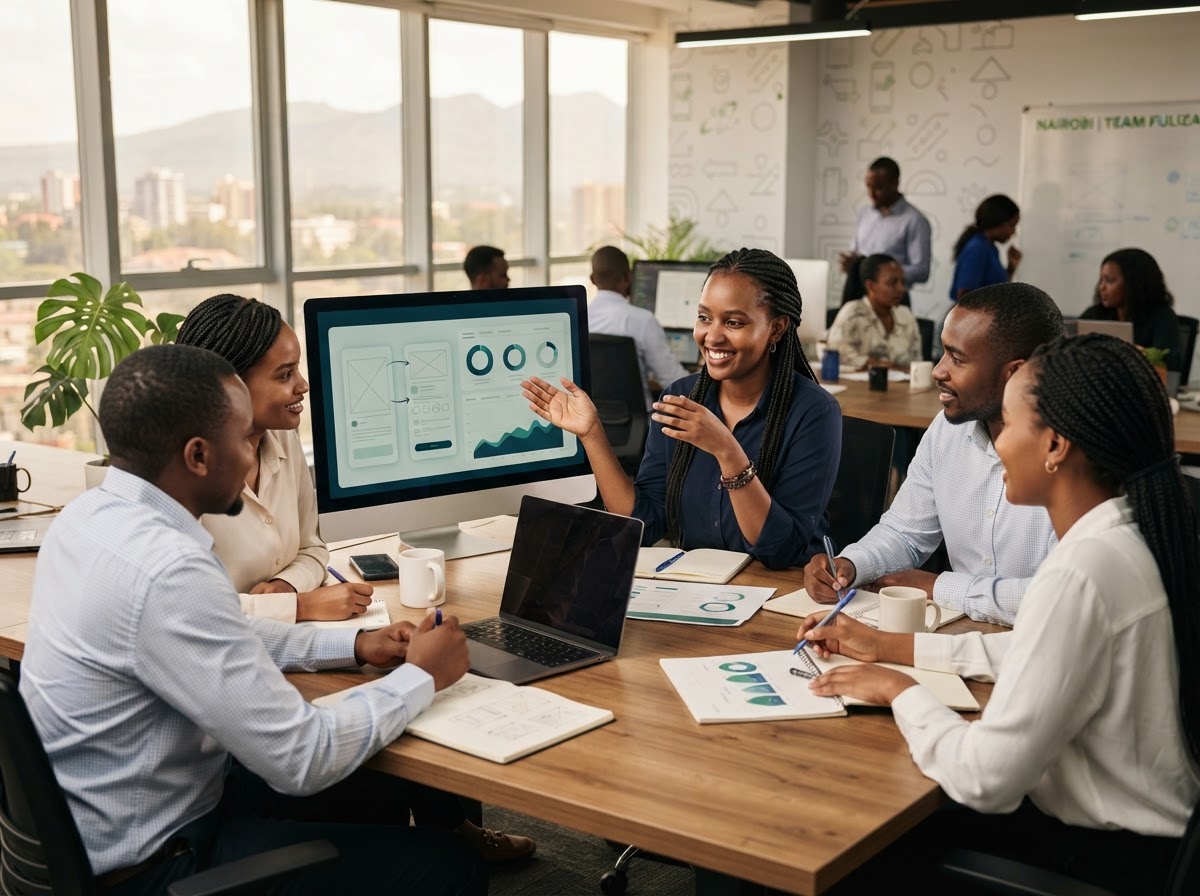 Safaricom Fuliza team reviewing predictive analytics and portfolio data on screen
